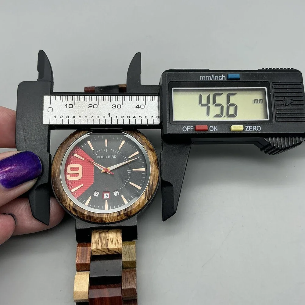 Bobo Bird Mens Watch 46mm Black Red Dial Wood Stainless Date New Battery 8